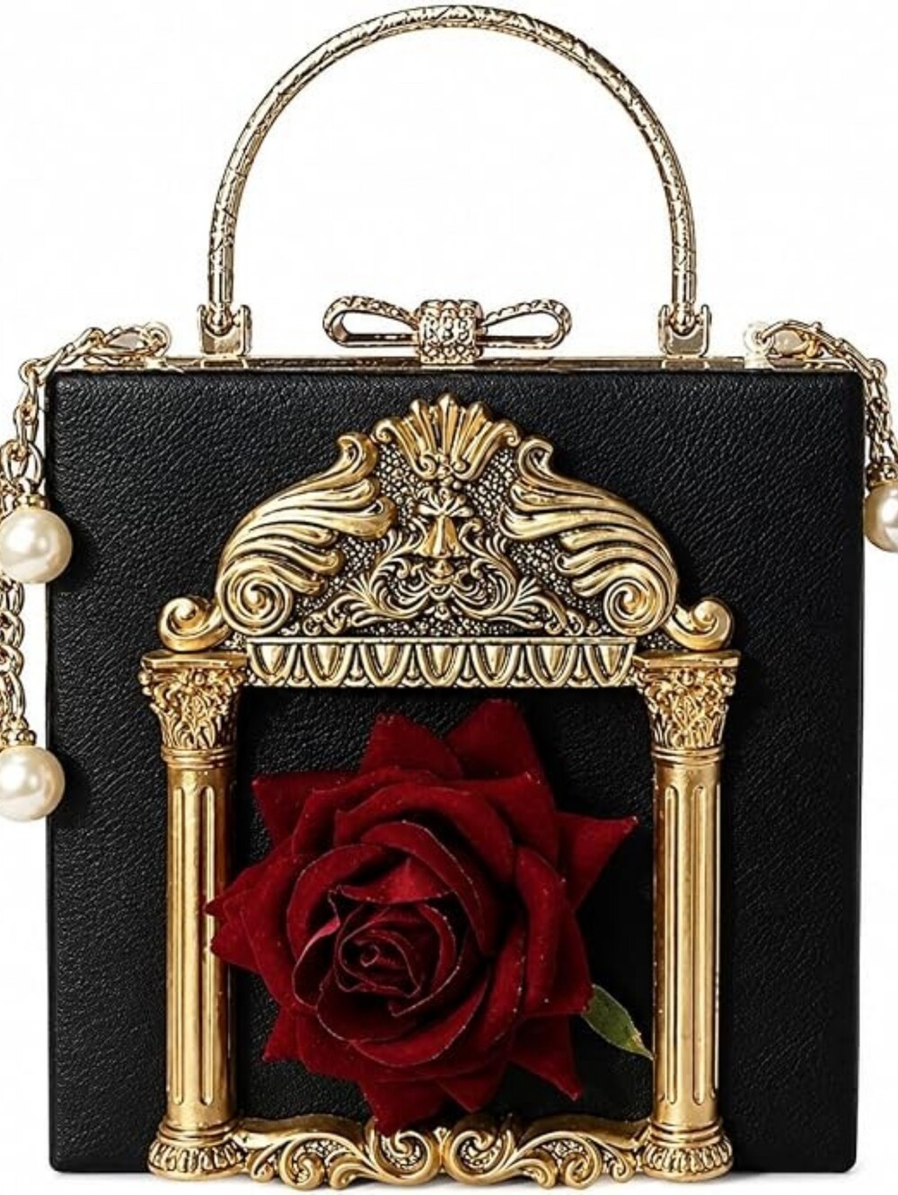 Gothic Romance Black & Gold Red Rose Appliqué Box Purse